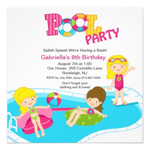 Pink Pool Party All Girls  Birthday Invitation