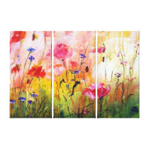 flowers, poppies, pink poppies, wildflowers, pink, yellow, green, nature, decorative, decor, wall art, ginette', triptyche, modern decor, contemporary, [[missing key: type_wrappedcanva]] with custom graphic design