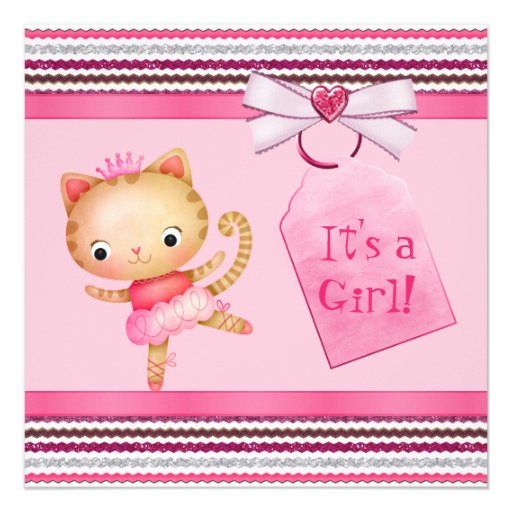 Pink Princess Ballerina Kitty Cat Baby Shower Invitation