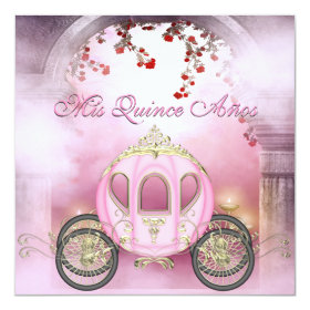 Pink Princess Carriage Enchanted Quinceanera 5.25x5.25 Square Paper Invitation Card