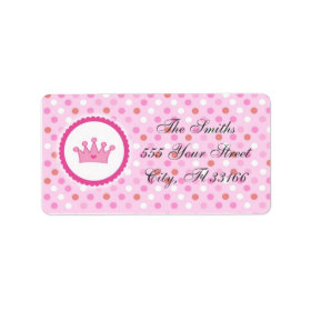 Pink Princess Crown Adress Labels Polka Dots