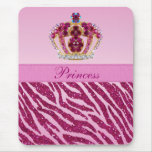 Pink Princess Crown Zebra Glitter Print Mousepad