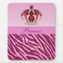 Pink Princess Crown Zebra Glitter Print Mousepad