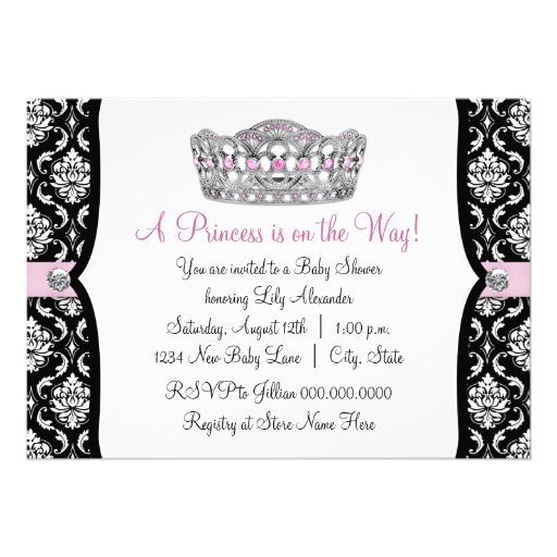 Pink Princess Pink Black Damask Baby Shower Personalized Announcement