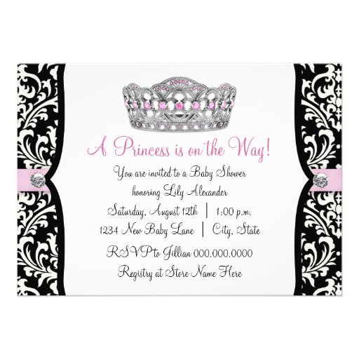 Pink Princess Pink Black Damask Baby Shower Custom Invitations