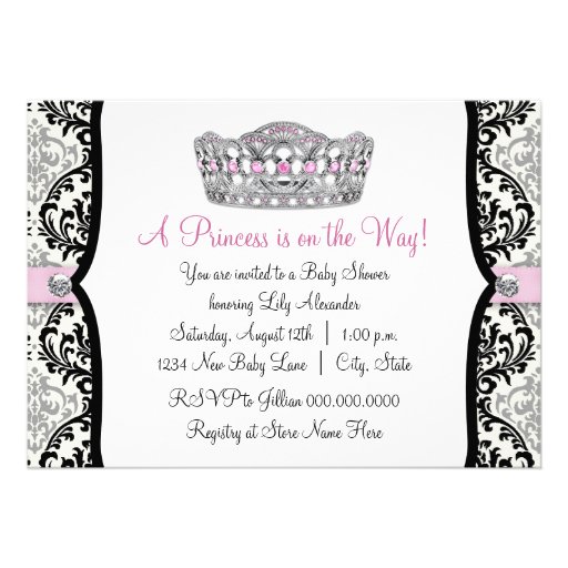 Pink Princess Pink Black Damask Baby Shower Custom Announcements