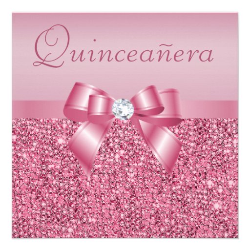 Pink Printed Sequins & Bow Quinceanera Announcement