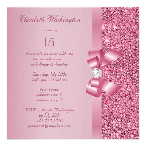 Pink Printed Sequins & Bow Quinceanera Announcement