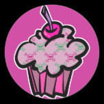 pink punk skull crossbones cupcake round sticker