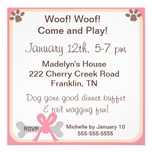 Pink Puppy Dog Custom Birthday Invitations