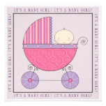 Pink & Purple Baby in Carriage Girl Baby Shower Custom Announcements