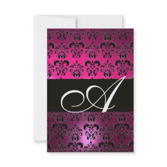 PINK PURPLE BLACK DAMASK MONOGRAM fuchsia white invitation