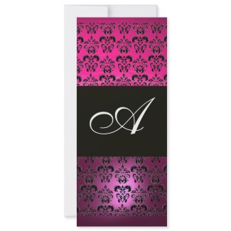 PINK PURPLE BLACK DAMASK MONOGRAM ,fuchsia white invitation