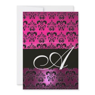 PINK PURPLE BLACK DAMASK MONOGRAM ,fuchsia white invitation