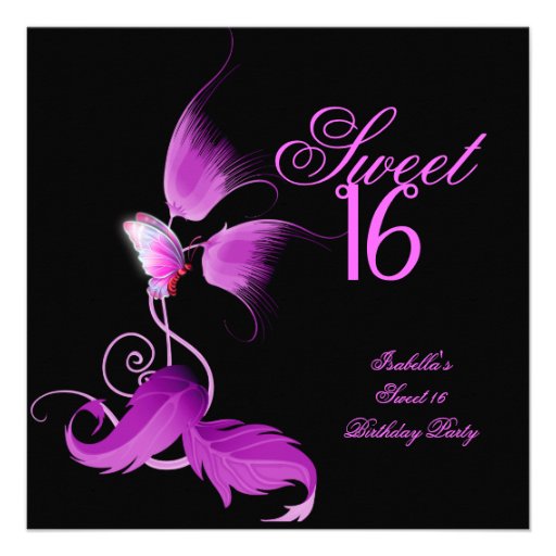 Pink Purple Butterfly Sweet 16 Sixteen Party Personalized Announcement