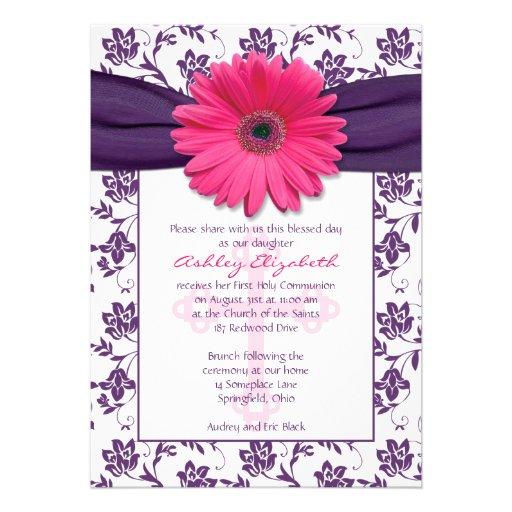 Pink Purple Daisy First Communion Invitation (front side)