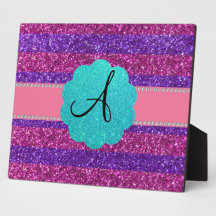 Pink purple glitter monogram diamonds display plaque