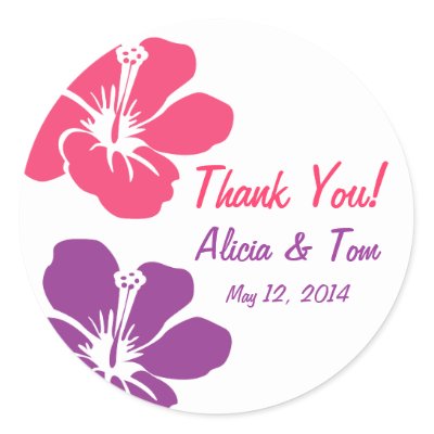 Pink Purple Hibiscus Wedding Thank You Sticker