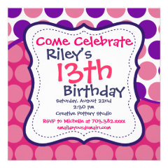 Pink Purple Polka Dots Birthday Party Invitations