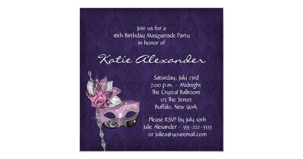 Pink Purple Sweet 16 Masquerade Party Card Zazzle