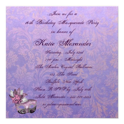 Pink Purple Sweet 16 Masquerade Party Personalized Invites