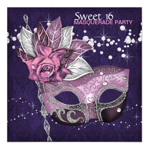 Pink Purple Sweet 16 Masquerade Party Personalized Invitation (front side)