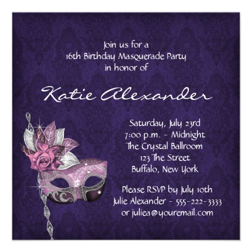Pink Purple Sweet 16 Masquerade Party Personalized Invitation