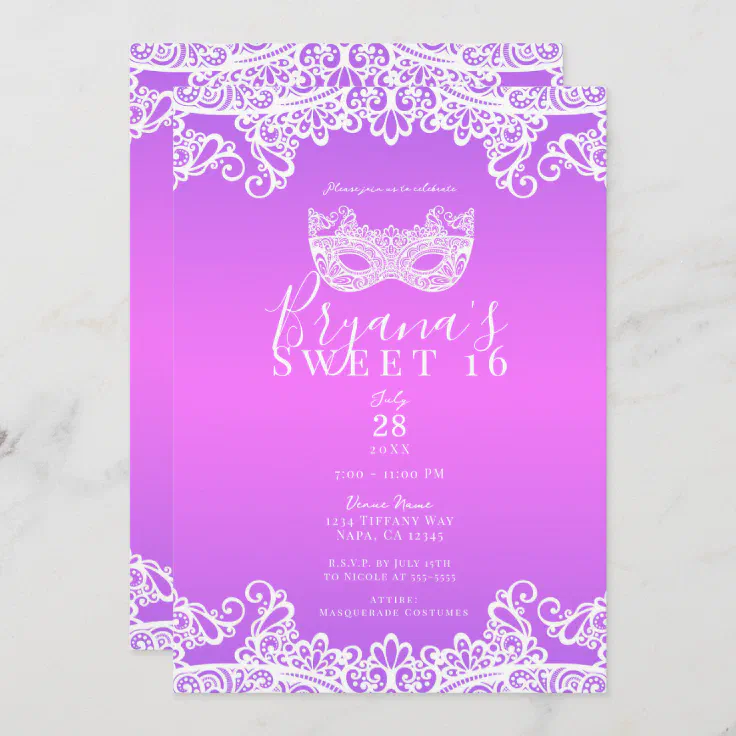 Pink Purple White Lace Masquerade Sweet Party Invitation Zazzle