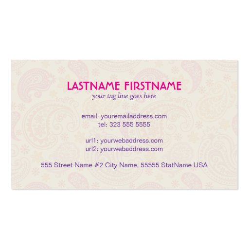 Pink Purple & Yellow Paisley Ham Pattern Design Business Card Template (back side)