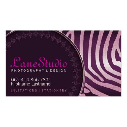 Pink Purple Zebra Style w/ Logo Business Cards (front side)