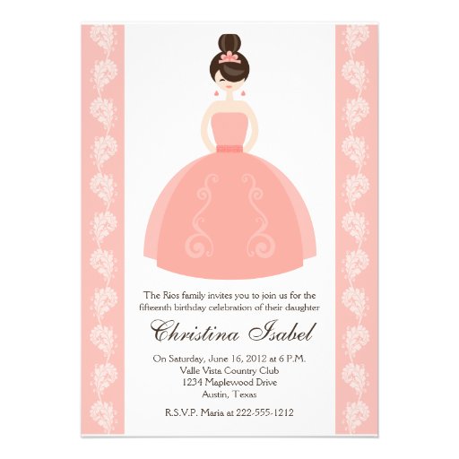 Pink Quince Dress Brunette Quinceanera Invitations