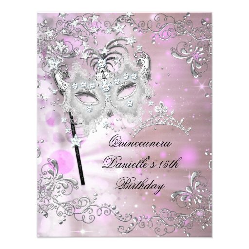 Pink Quinceanera 15th Birthday Tiara Masquerade Custom Invitations (front side)
