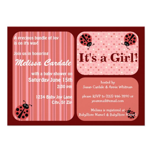 Pink Red Ladybug Baby Shower Invitations Girl