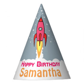 Pink Retro Rocketship Personalized Birthday Girl Party Hat