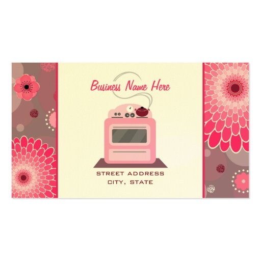 Pink Retro Stove Flowers & Dots Chef Caterer Business Card (front side)
