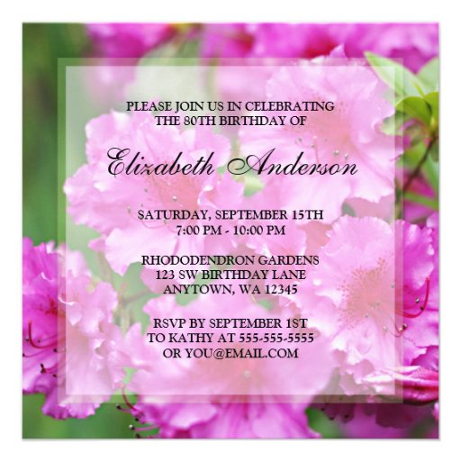 Pink Rhododendron Flowers 80th Birthday Party Personalized Announcements (front side)