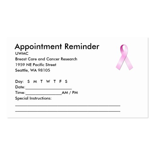 Pink Ribbon Appointment Reminder Business Card (front side)