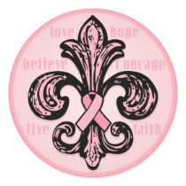 Pink Ribbon Fleur de lis Round Sticker