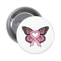 Pink Ribbon Heart Butterfly Button