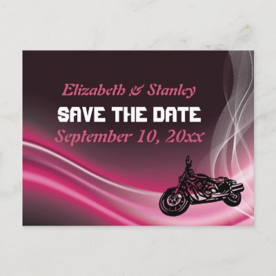 Pink road biker wedding Save the Date postcard