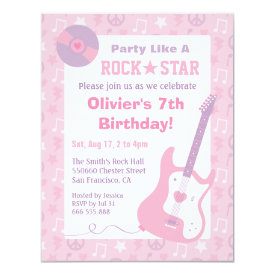 Pink Rock Star Girls Birthday Party Invitations