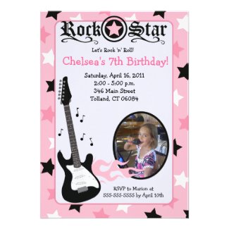 Pink Rock Star Guitar *PHOTO* Birthday 5x7 Custom Announcements