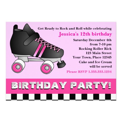 Pink Roller Skate Birthday Party Custom Invitations