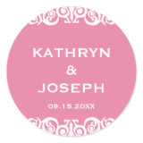 Pink romance Victorian scroll wedding favor label Round Sticker