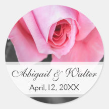 Pink romantic rose wedding date bride groom round stickers
