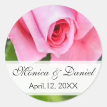 Pink romantic rose wedding date bride groom round round stickers
