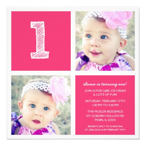 Pink Room for Squares First Birthday Party Photo Invitation