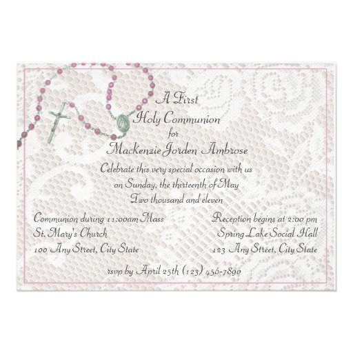 Pink Rosary and Lace Communion Invitation