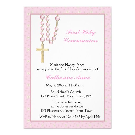 Pink Rosary Beads, Floral, Religious Invitation