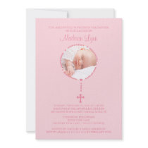 Pink Rosary Cross Photo Baptism Inviation Girl Invitation